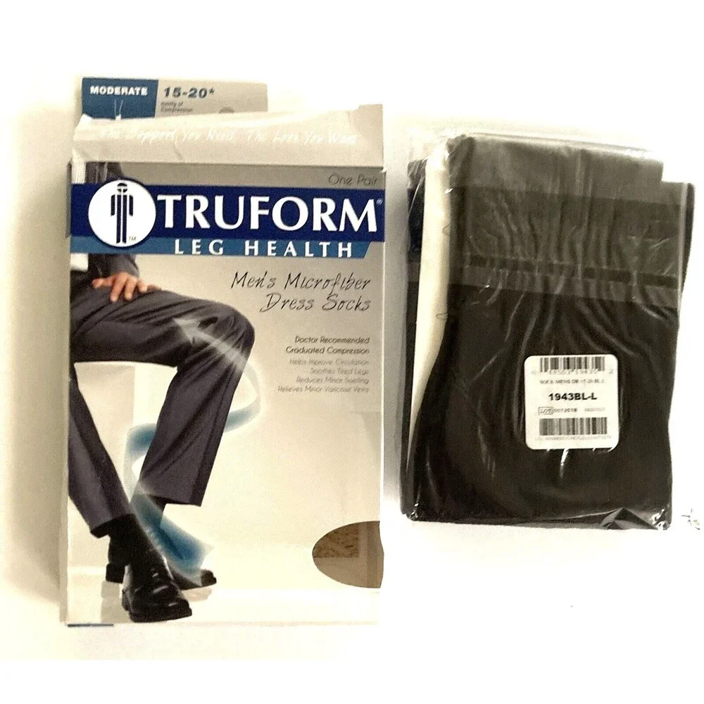New Truform Mens Knee High Compression Socks Large Moderate Black 15-20 Open Box